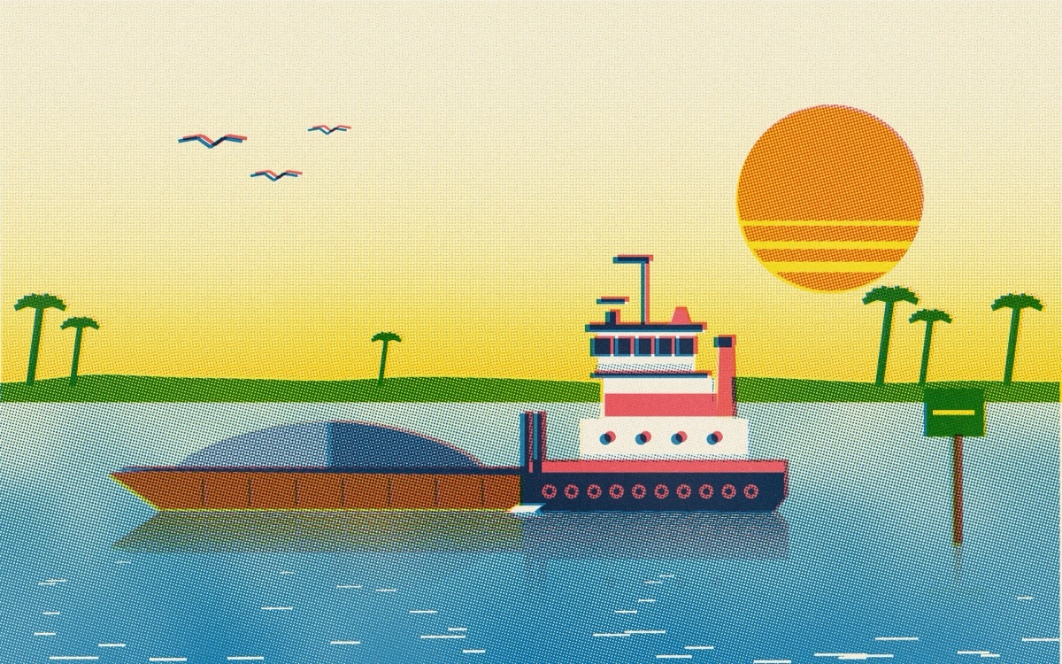 A risograph print of a tugboat pushing a loaded barge across a lagoon at sunrise, with palms on the far shore and gulls overhead.