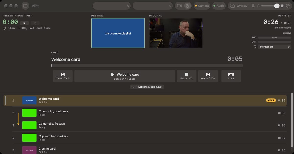The zlist window with the sample playlist open. PREVIEW shows the welcome card that plays next, PROGRAM shows the presenter's camera, and the cue list below marks the welcome card as NEXT.